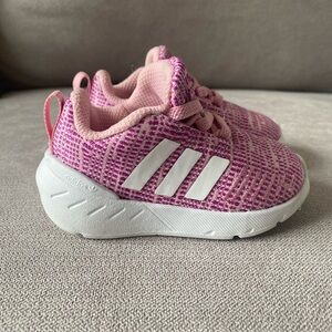 Adidas Pink and White Sneakers with Knit Upper